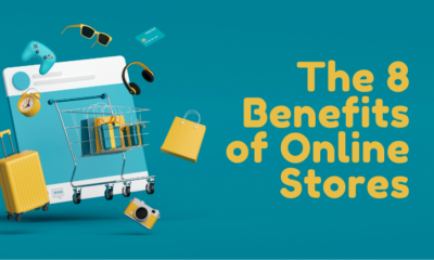 There is a graphic relating to online shopping to the left. To the right is the article title, "The 8 Benefits of Online Stores."