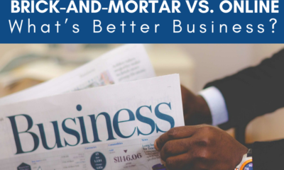 A picture of a man holding a newspaper with a headline, "Business". The title of the article, "Brick-and-Mortar vs. Online: What's Better Business?" is written across the top.