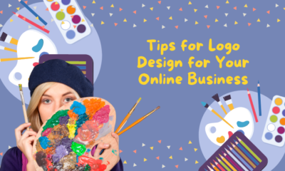 There is a woman holding up a palette with lots of paint and two paintbrushes. Around her are graphics relating to art such as watercolor and colored pencils. There are also colorful triangles for decor. The article title, "Tips for Logo Design for Your Online Business," is displayed to her right.