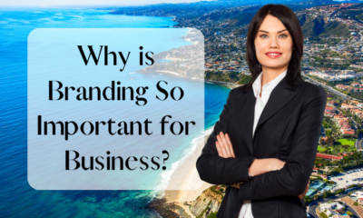 A woman in business attire stands confidently against a backdrop of a coastal city. Beside her is the article title, "Why is Branding So Important for Business."