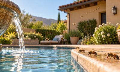 Honeybees-drinking-from-a-pool-and-fountain-while-flying-toward-a-nearby-Orange-County-home