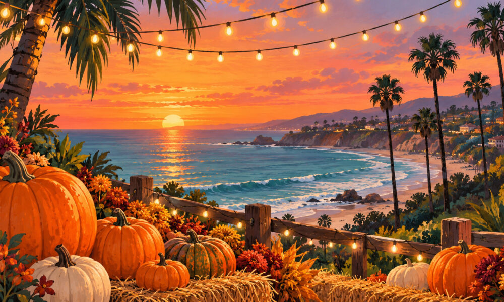 illustration-of-autumn-pumpkins-and-glowing-string-lights-overlooking-a-palm-lined-Southern-California-coast-at-sunset