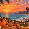 illustration-of-autumn-pumpkins-and-glowing-string-lights-overlooking-a-palm-lined-Southern-California-coast-at-sunset